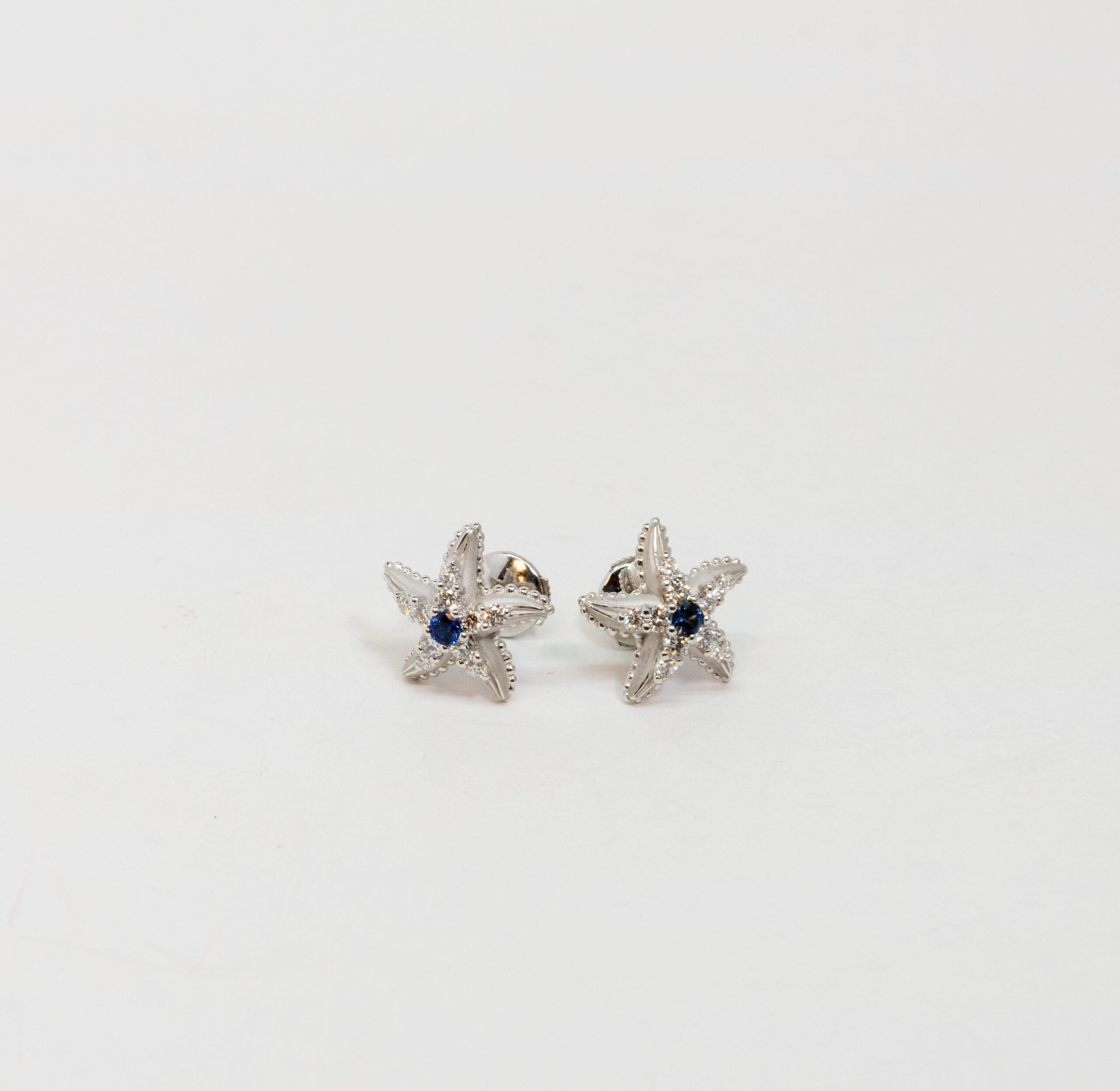 Women's Carrara Y Carrara Star 18k White Gold with Diamonds & Sapphire Earring, 10070466 For Sale