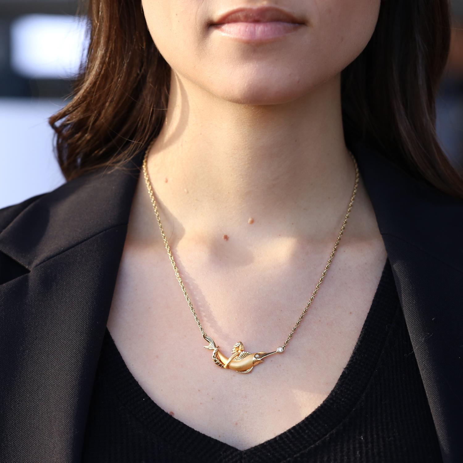 Renaissance Revival Carrera Y Carrera Vintage 22 Karat Gold Mermaid & Swordfish Bar Necklace