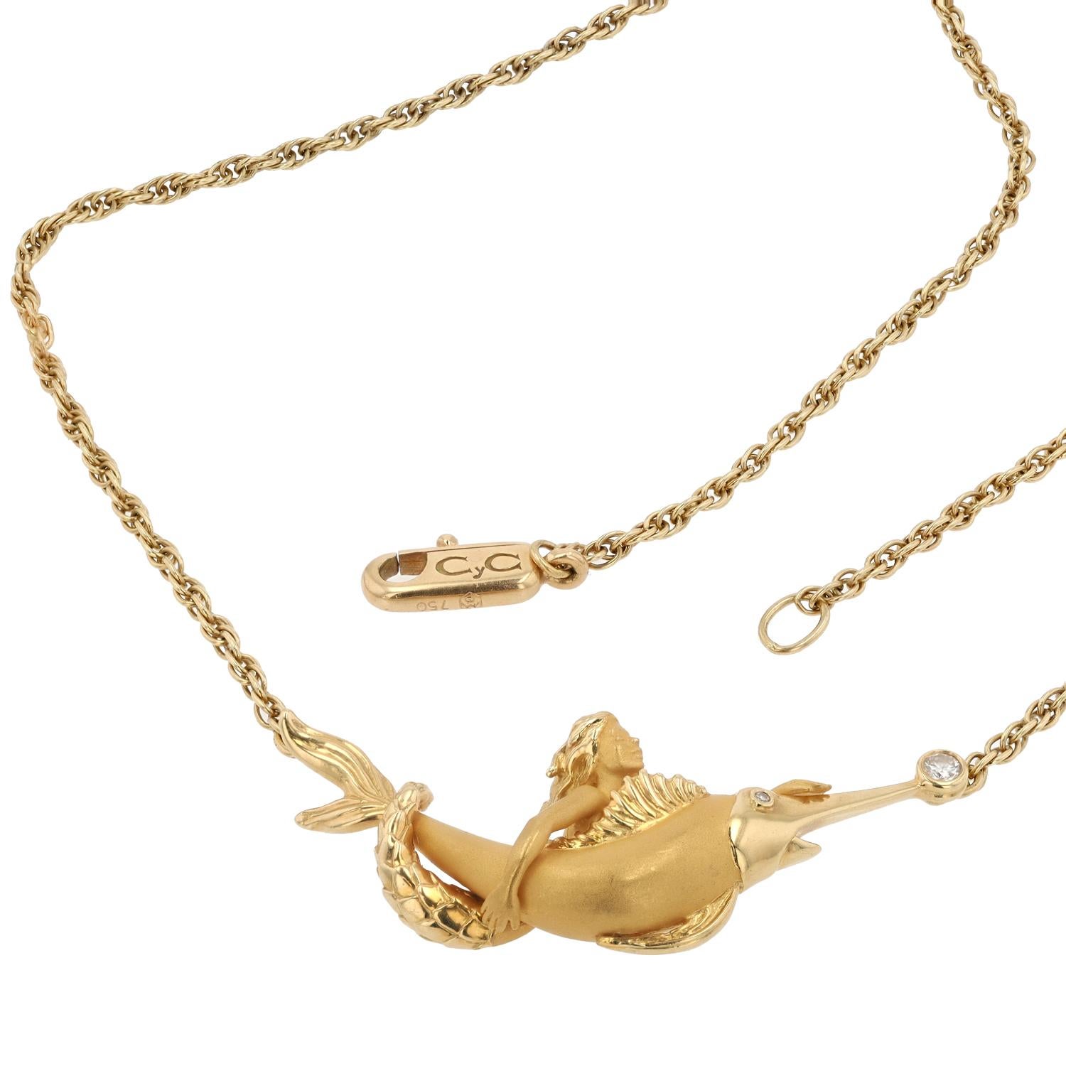 Brilliant Cut Carrera Y Carrera Vintage 22 Karat Gold Mermaid & Swordfish Bar Necklace