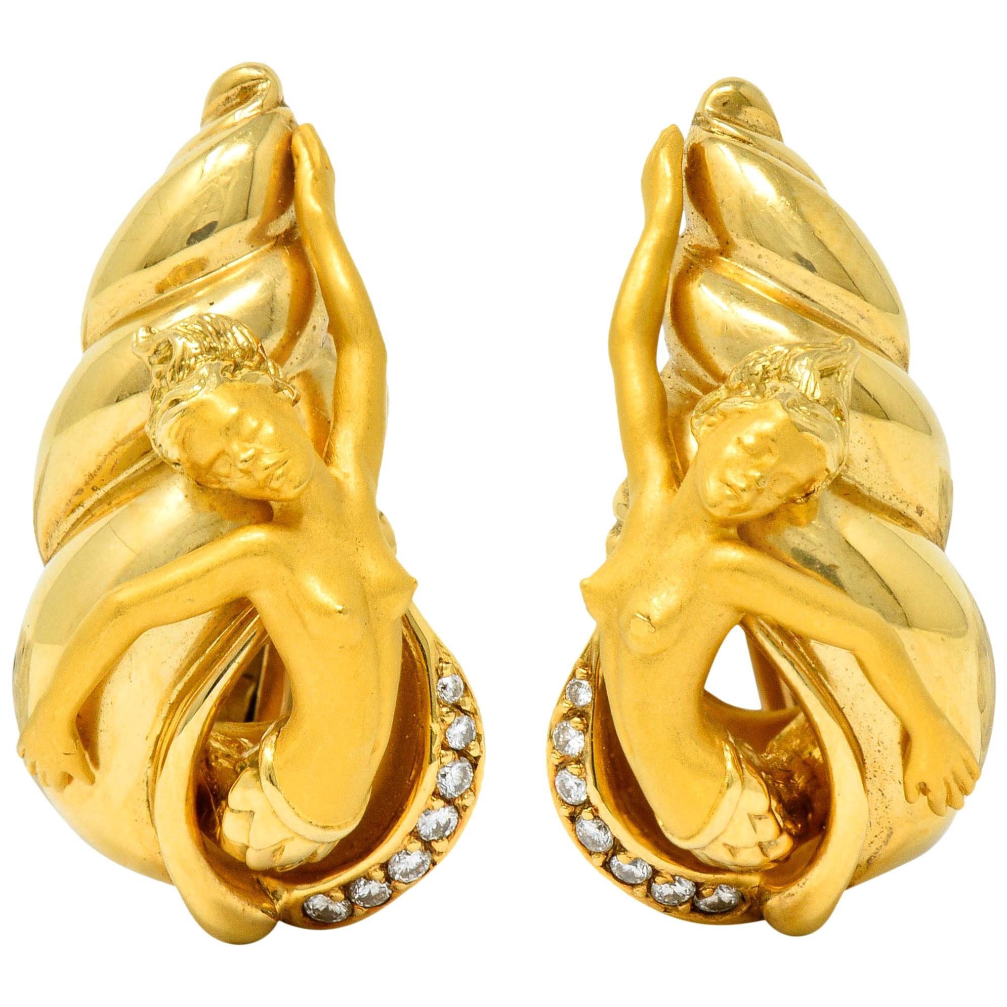 Carrera Y Carrera Vintage Diamond 18 Karat Yellow Gold Mermaid Earrings