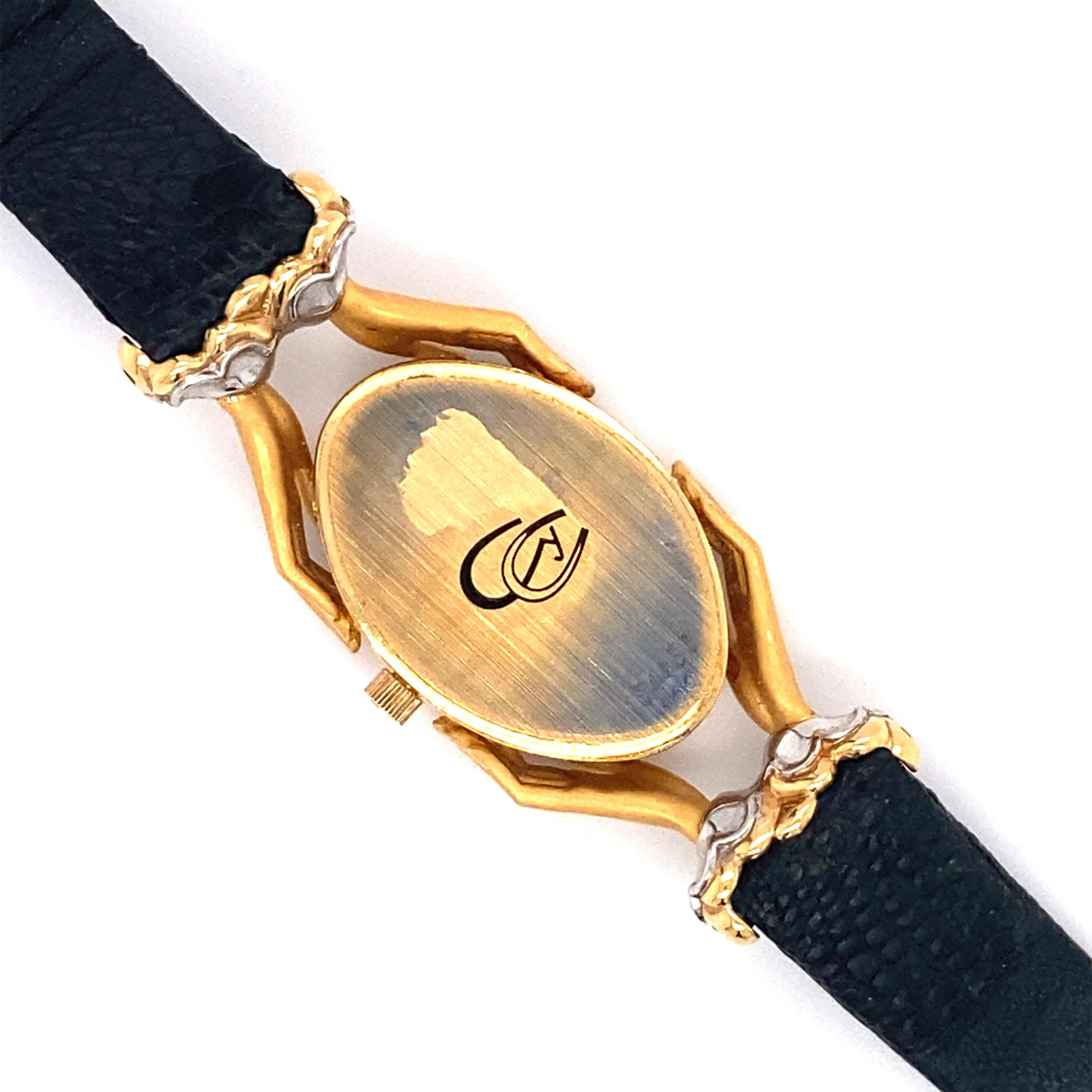 Circa: 1990s
Metal Type: 18 Karat Yellow and White gold

Diamond Details:
Carat: 0.10 carat total weight
Color: G
Clarity: VS

This wristwatch can fit up to an 8 inch wrist. 