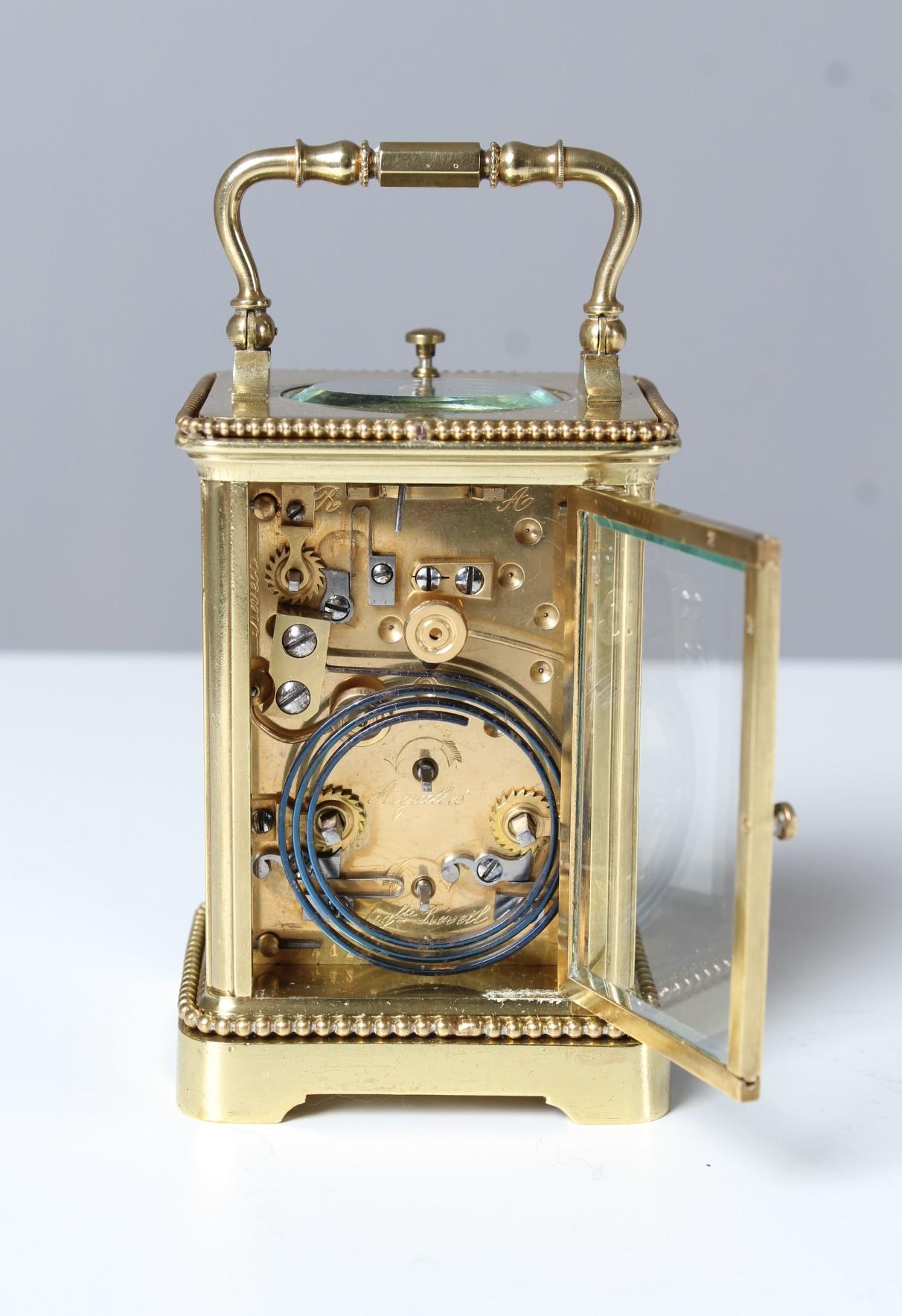 French Carriage Clock, Pendulette de Voyage, France, circa 1900, Alarm and Hour Repeat