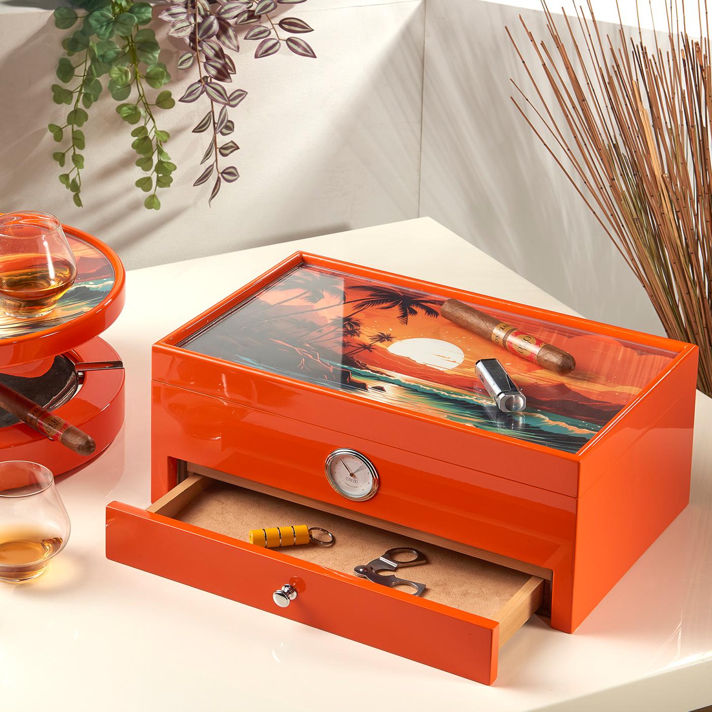 Italiano Humidor arancione ispirato ai Caraibi (edizione speciale Club)  in legno di Morici in vendita
