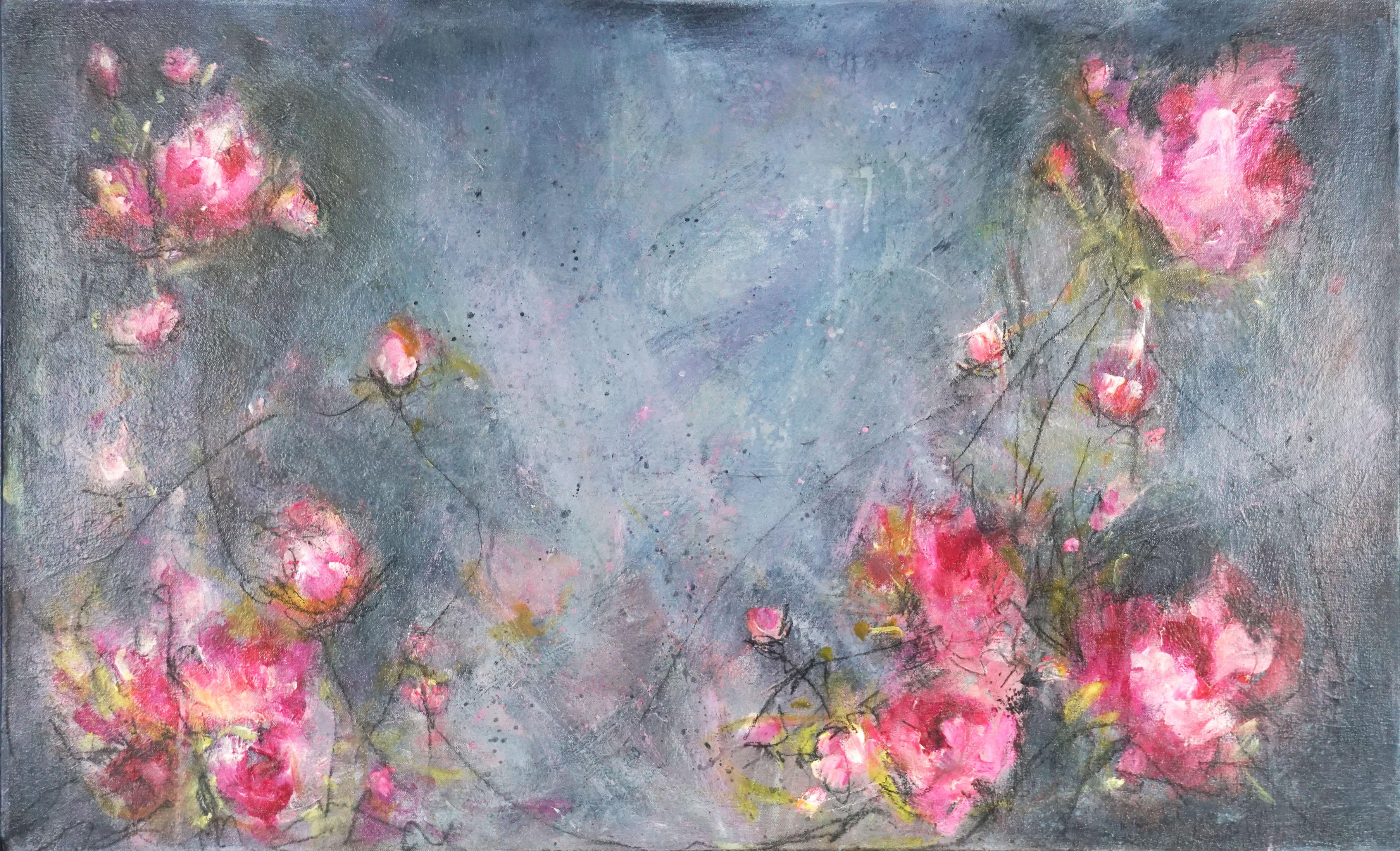 Pintura al óleo abstracta floral -- Magnolias en la bruma matinal - Painting de Carrie Clayden