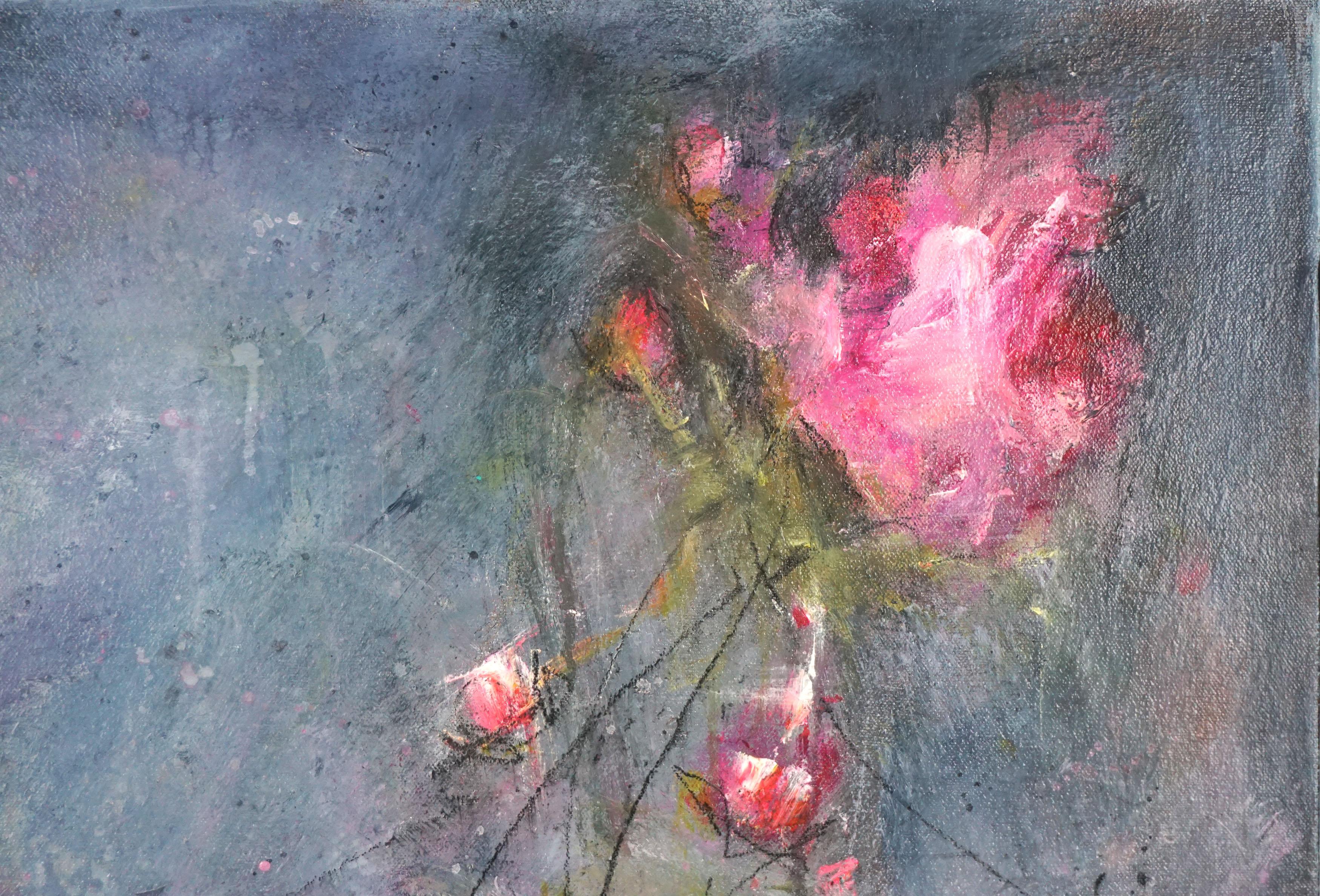 Pintura al óleo abstracta floral -- Magnolias en la bruma matinal - Painting Contemporáneo de Carrie Clayden