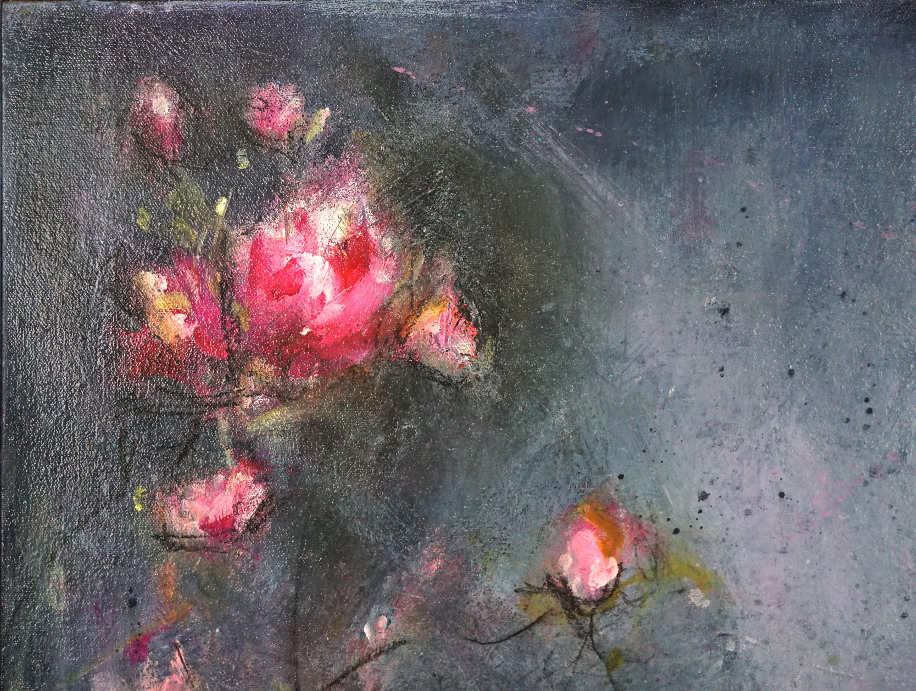 Pintura al óleo abstracta floral -- Magnolias en la bruma matinal

Evocador y malhumorado floral de magnolias de platillo rosa de la artista californiana Carrie Clayden (estadounidense, nacida en 1973), 2016. La niebla verde azulada enmarcada por