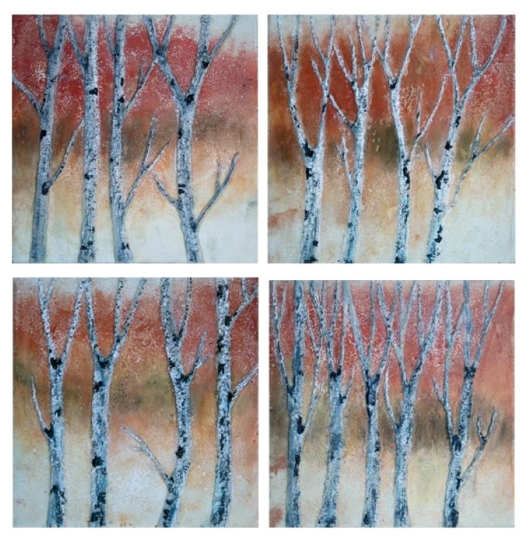 "Quadrittico autunnale di betulle" (2022) di Carrie Goller, Dipinti a olio di betulle