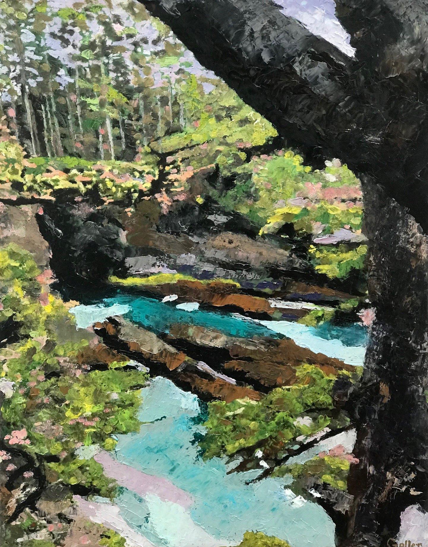 "Cape Flattery" (2023) di Carrie Goller, pittura a olio e cera fredda, paesaggio