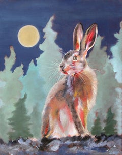 « Diego » de Carrie Goller, peinture à l'huile de lapin avec lune jaune