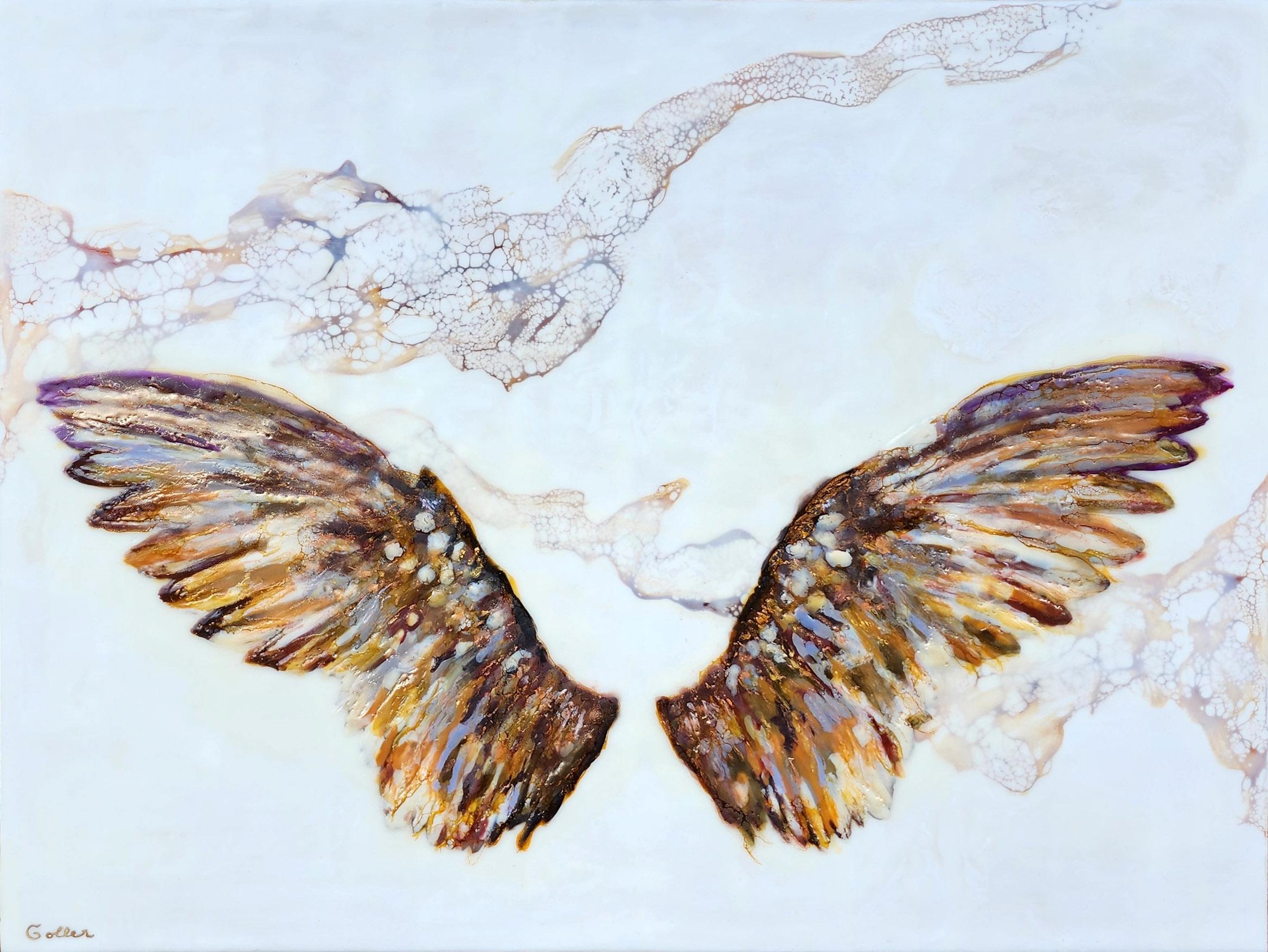 L'opera "Flight II" (2023) di Carrie Goller (USA) è un originale a tecnica mista con encausto su pannello di legno che raffigura una coppia di ali di uccelli astratti colorati su uno sfondo azzurro.

Nata e cresciuta nella piccola Bainbridge Island