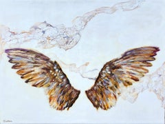 "Flight II" (2023) de Carrie Goller, peinture originale à l'encaustique représentant des ailes d'oiseaux