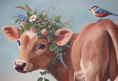 "Edera (Mucca Vitella Florifera)" - Ritratto animale surrealista, pittura a olio