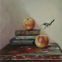 "Old Red Table" (2022) by Carrie Goller, Original Oil Painting of Apples & Bird