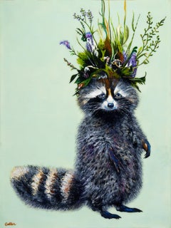 "Rambo" par Carrie Goller, peinture à l'huile d'un raton laveur avec une couronne de fleurs