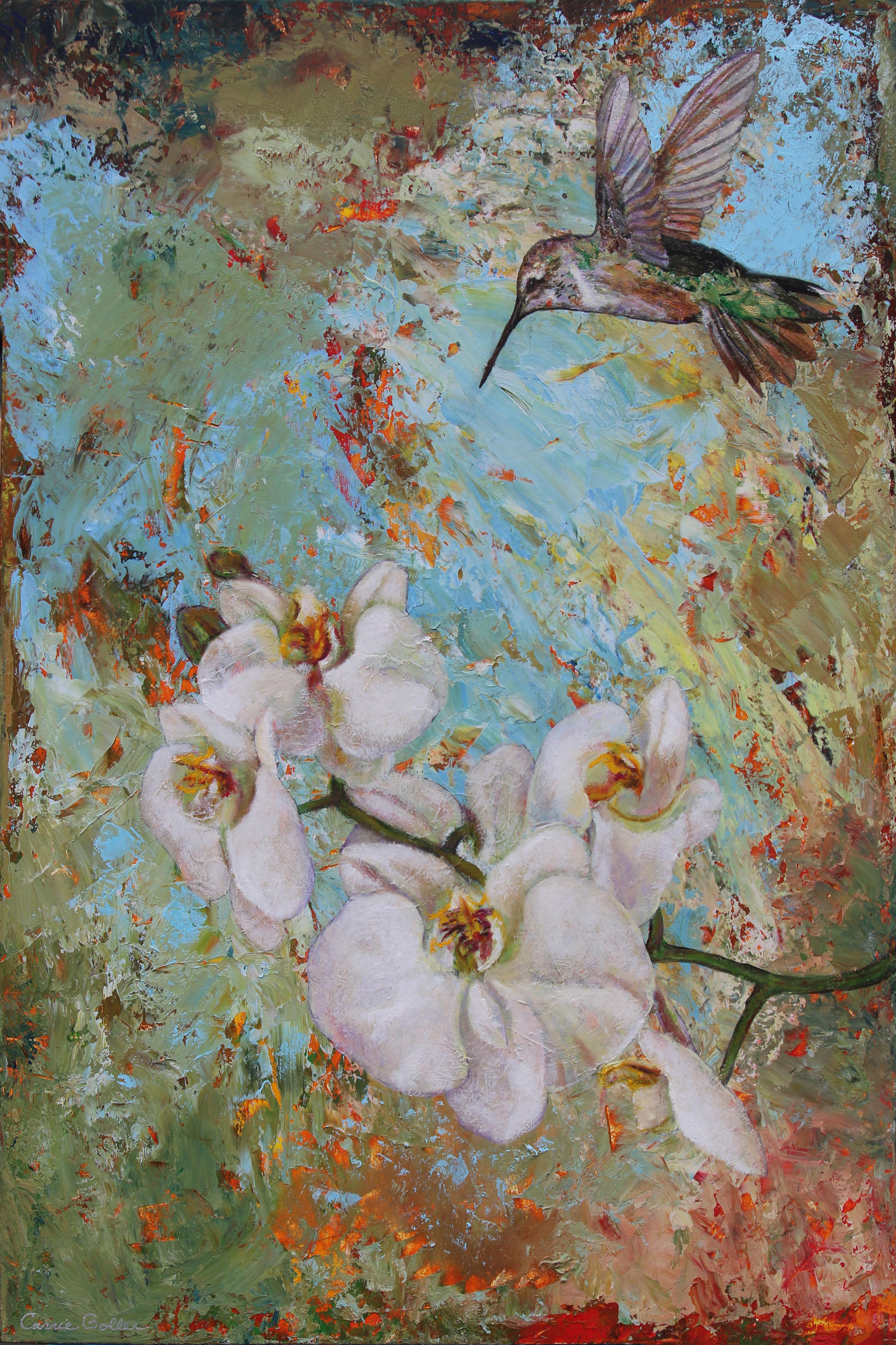 Carrie Goller's (US based) "Romantical" is an original, handmade oil  painting that depicts a hummingbird hovering above white orchids. This piece is unframed yet ready to hang.  

Born and raised on Washington’s tiny Bainbridge Island, artist