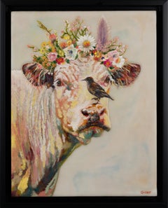 "Simpatico" (2024) by Carrie Goller, Encaustic/Mixed Media Painting, Cow & Bird