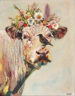 "Simpatico" (2024) di Carrie Goller, Pittura a encausto/mista, Mucca e Uccello