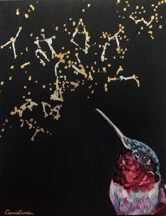 "Solaire" (2023) di Carrie Goller, dipinto surrealista originale a olio e foglia d'oro