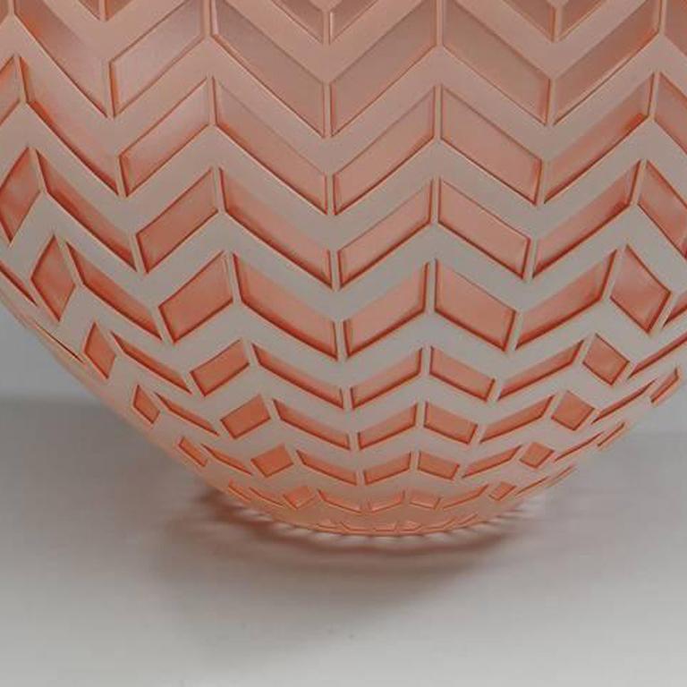 Textured, Peach over clear colored , blown and etched glass bowl.