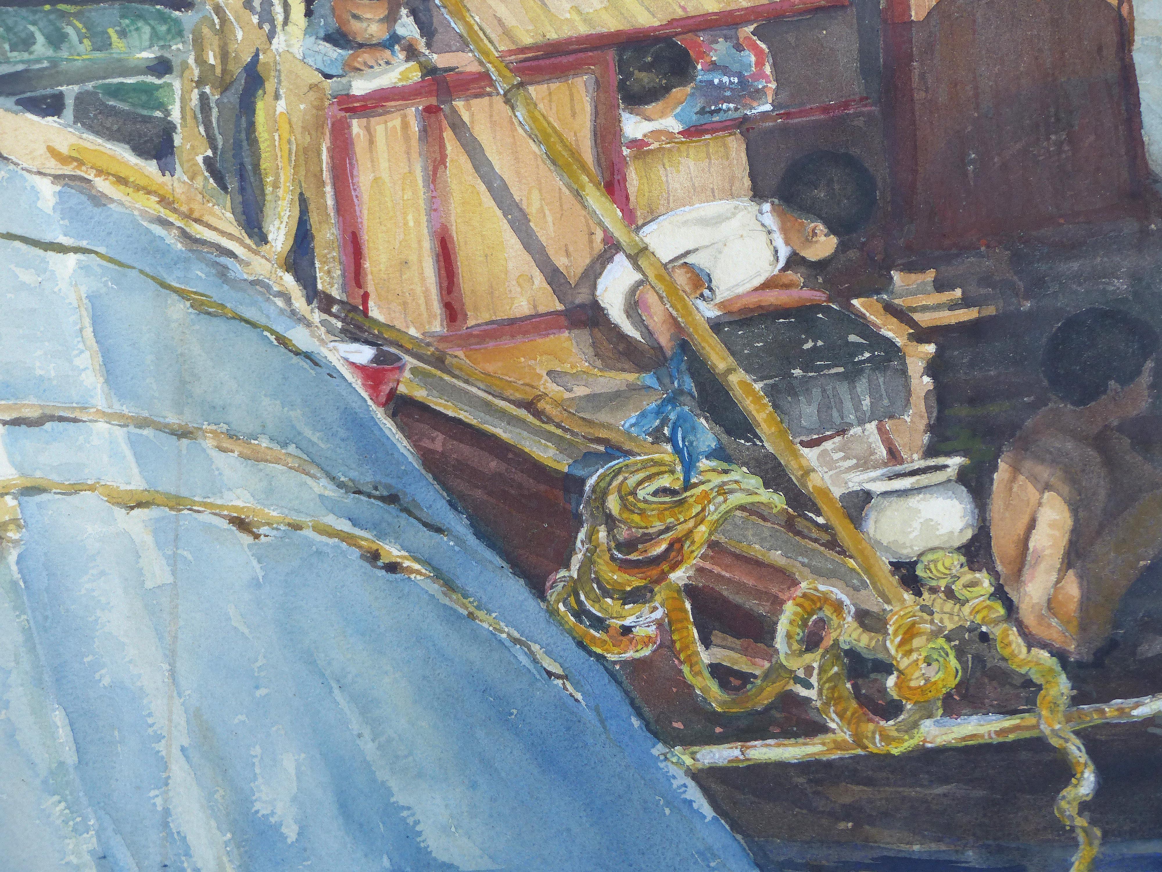 American Carrie Jackson Davidson Watercolor Painting of Klongs in Hong Kong, 1957