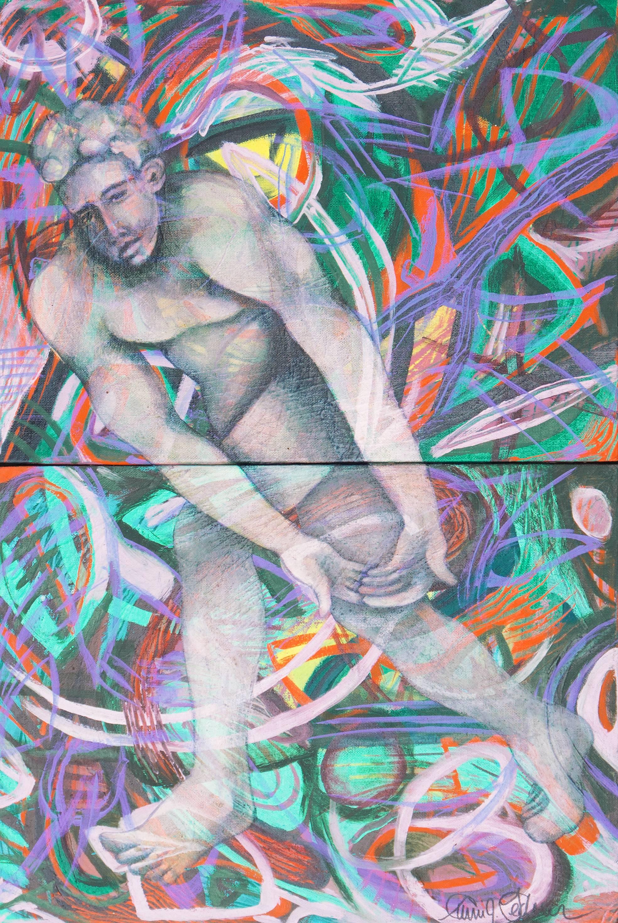 Figurative Painting Carrie Lederer - « Man In Motion », figure moderniste encadrée, artiste femme, SFMOMA, Oakland Museum
