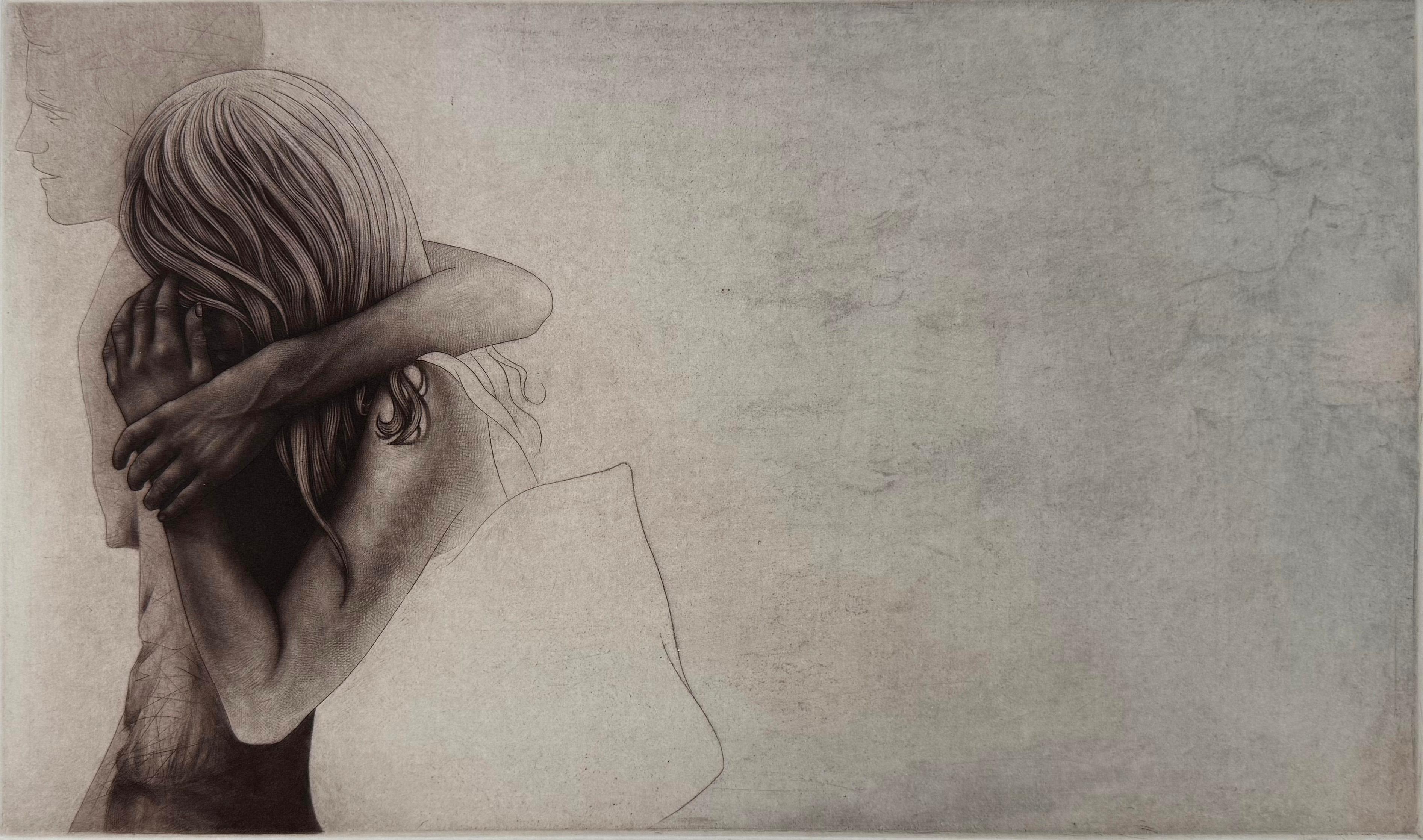 A young couple embracing. Signed and numbered in pencil from the edition of 20.

Carrie Lingscheit originally hails from South Dakota, where her love of printmaking was galvanized through involvement in several Frogman’s summer print workshops. She