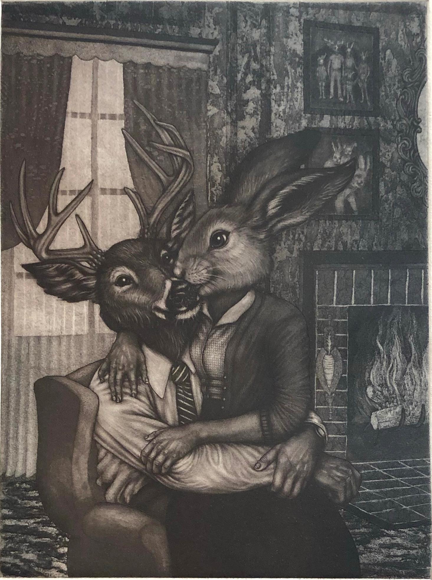 Carrie Lingshceit Figurative Print - Jackalope Sweethearts, by Carrie Lingscheit