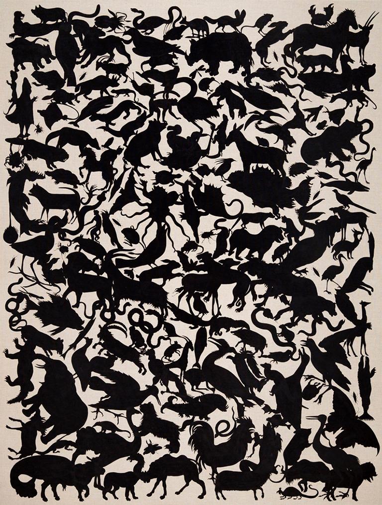 Carrie Marill Abstract Print - "Birds and Beasts" animals black silhouette shadow pattern graphic 