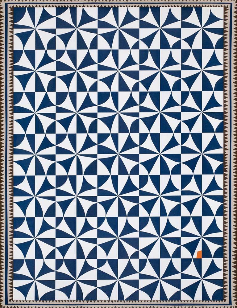 Carrie Marill Abstract Print - "Blue and White Matisse" quilt pattern pop of orange opt art