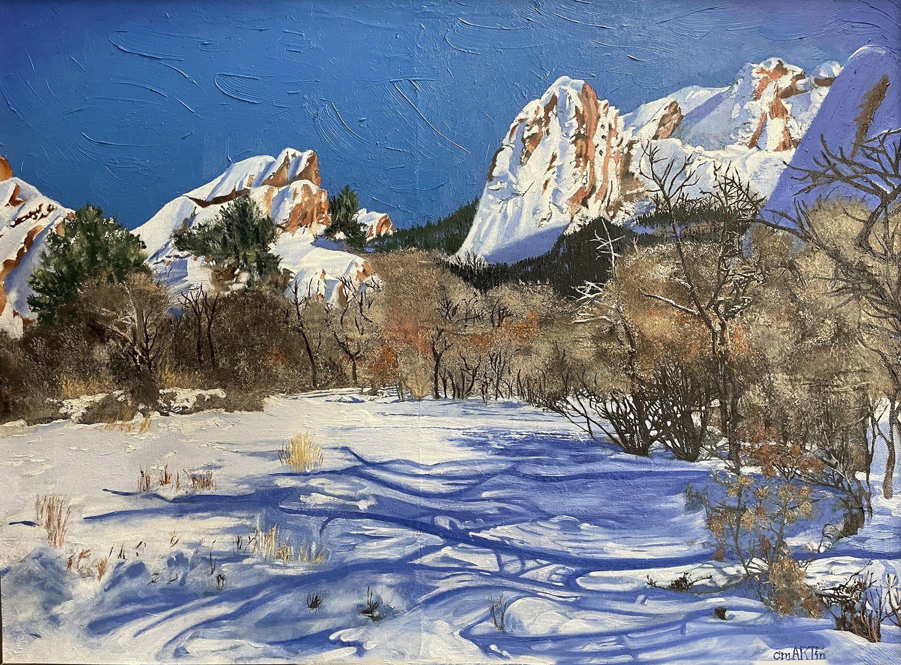 Red Rocks and Blue Shadow Dance, Gemälde, Öl auf Leinwand