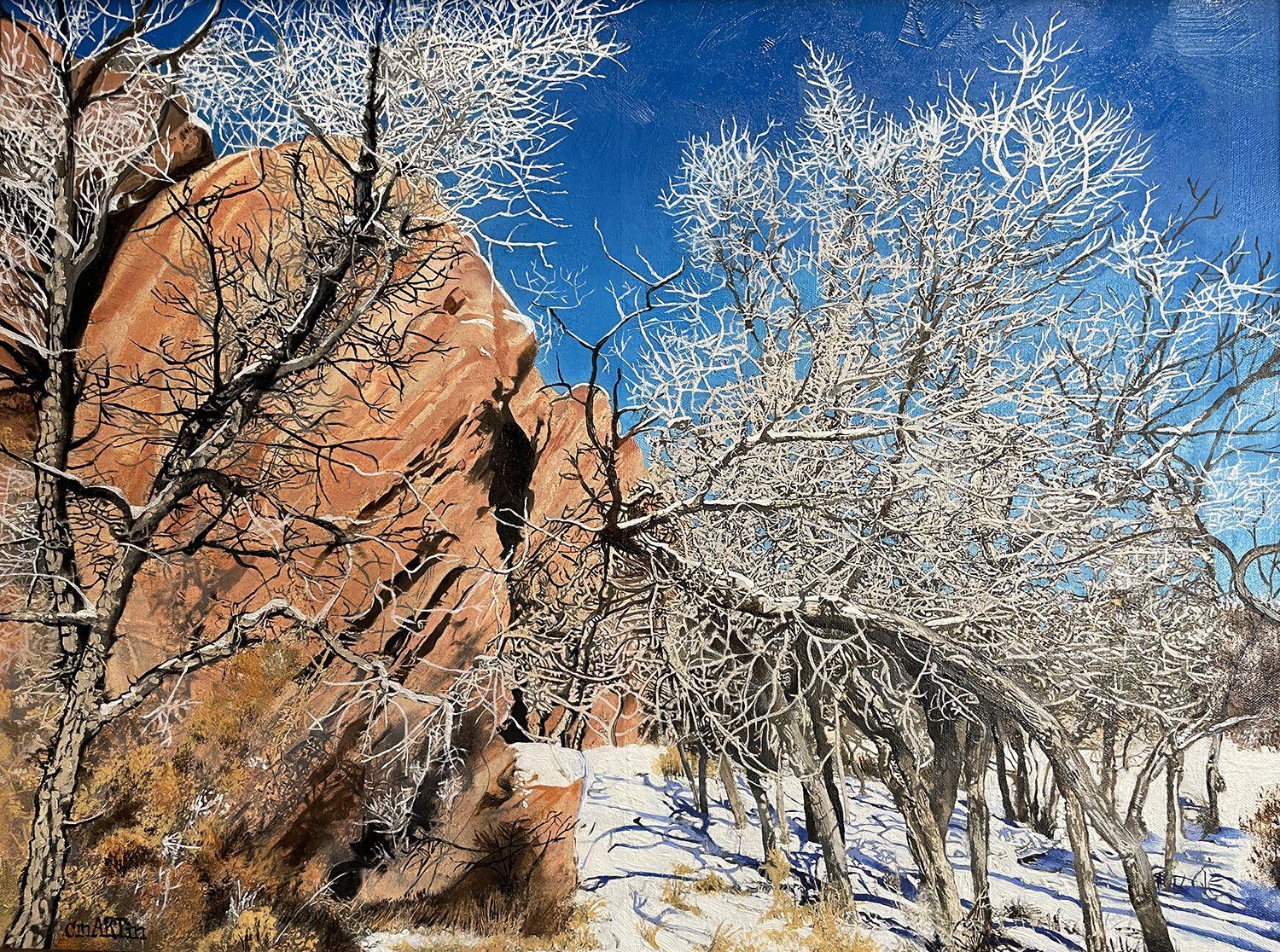 Rote Felsen und weiße Spitze, Gemälde, Öl auf Leinwand – Painting von Carrie Martin