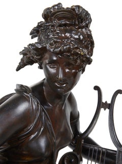 Carrier-Belleuse Bronze Female Statue Holding a Harp, 'Harmone' 19th Century
