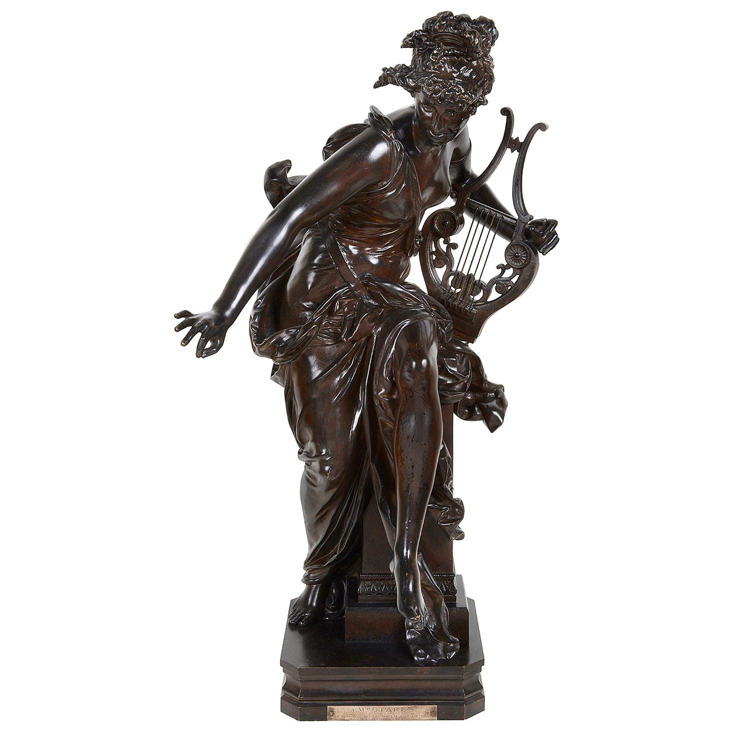 Carrier-Belleuse Bronze Female Statue Holding a Harp, 'Harmone' 19th Century