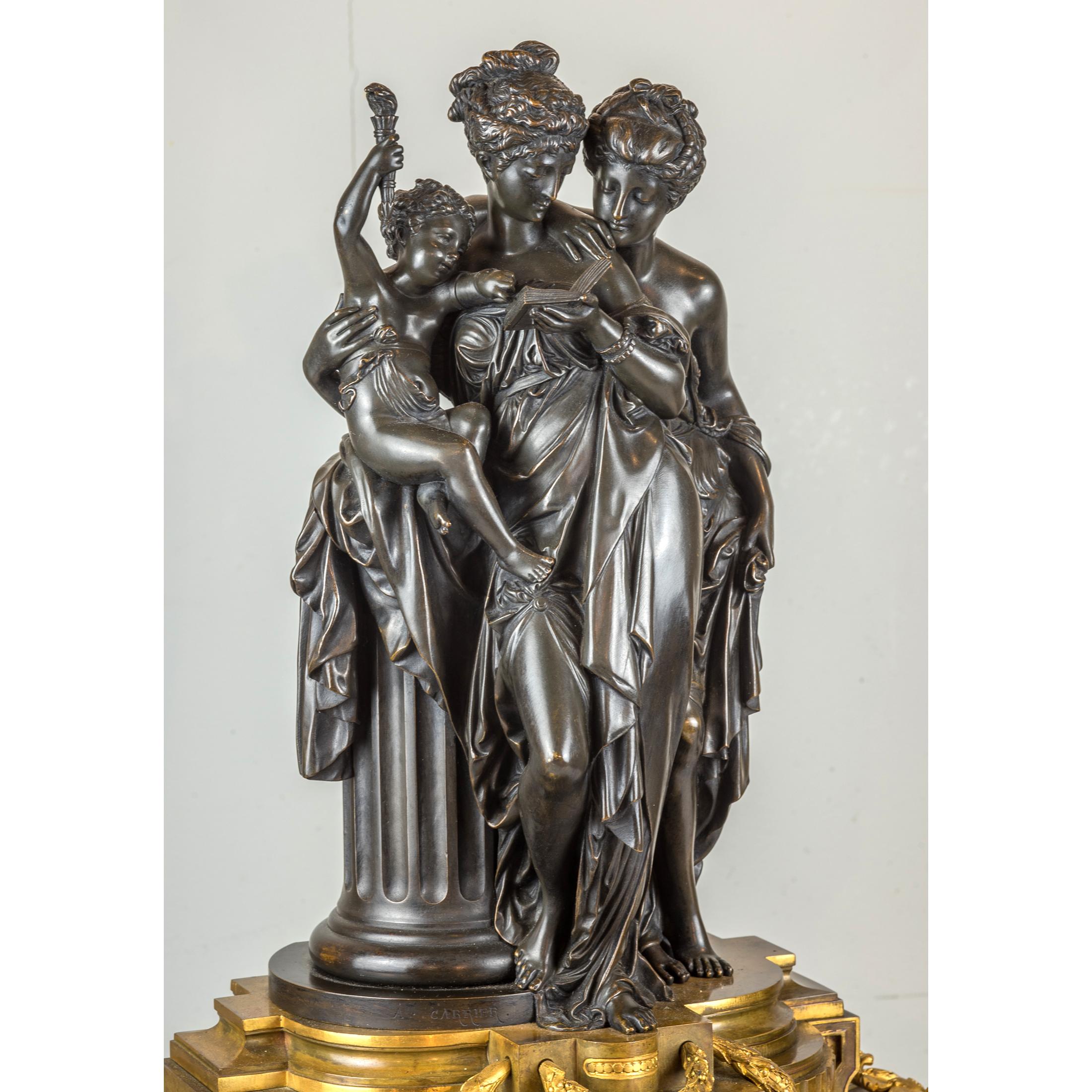 Carrier-Belleuse Napoleon III Gilt and Patinated Bronze Figural Mantel Clock  In Good Condition For Sale In New York, NY