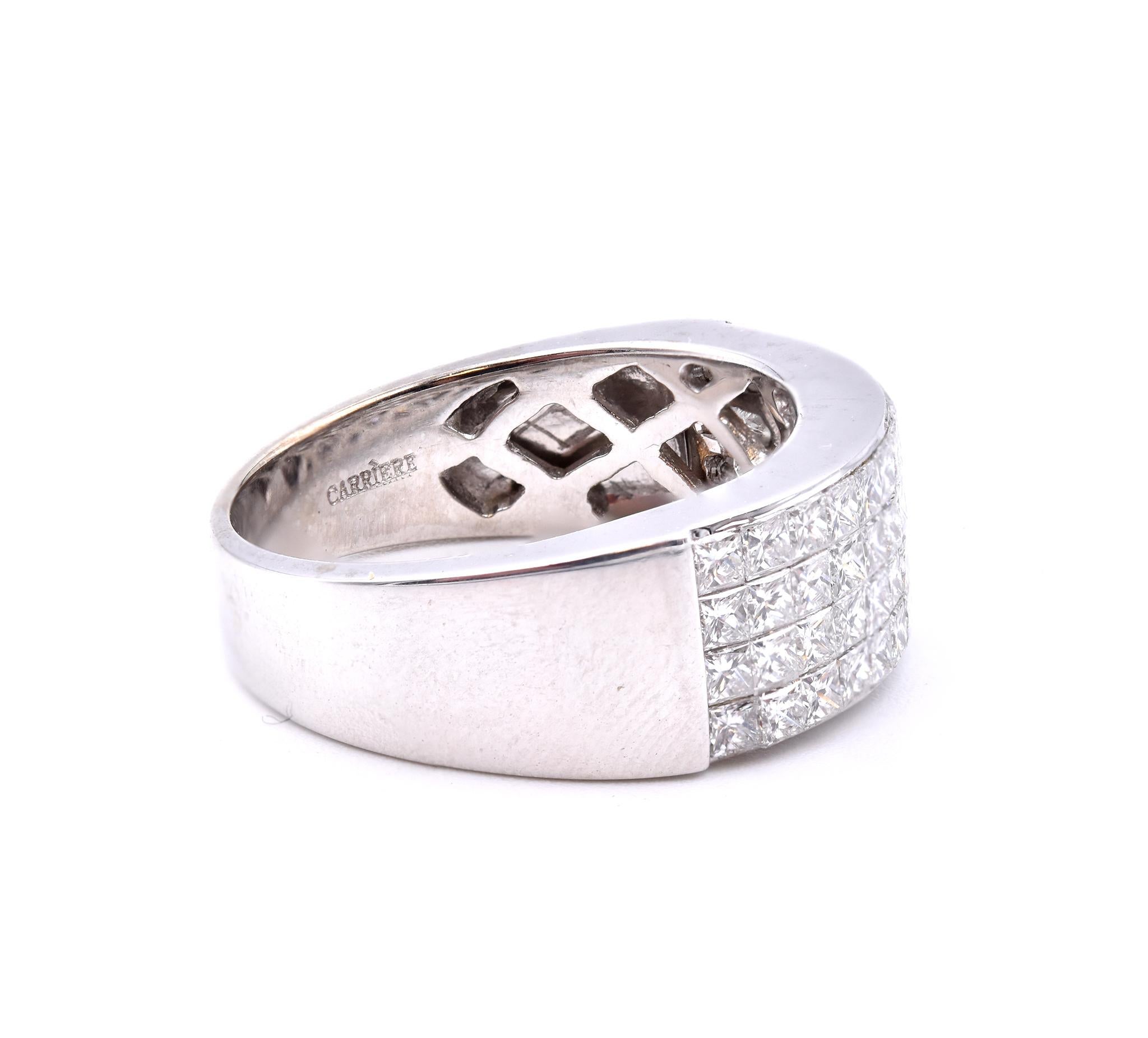 Designer: Carriere
Material: 18K white gold
Diamonds: 56 invisible cut princess cuts = 3.36cttw
Color: G
Clarity: VS2
Ring Size: 7 (please allow up to 2 additional business days for sizing requests)
Dimensions: ring top measures 7.8mm wide
Weight:
