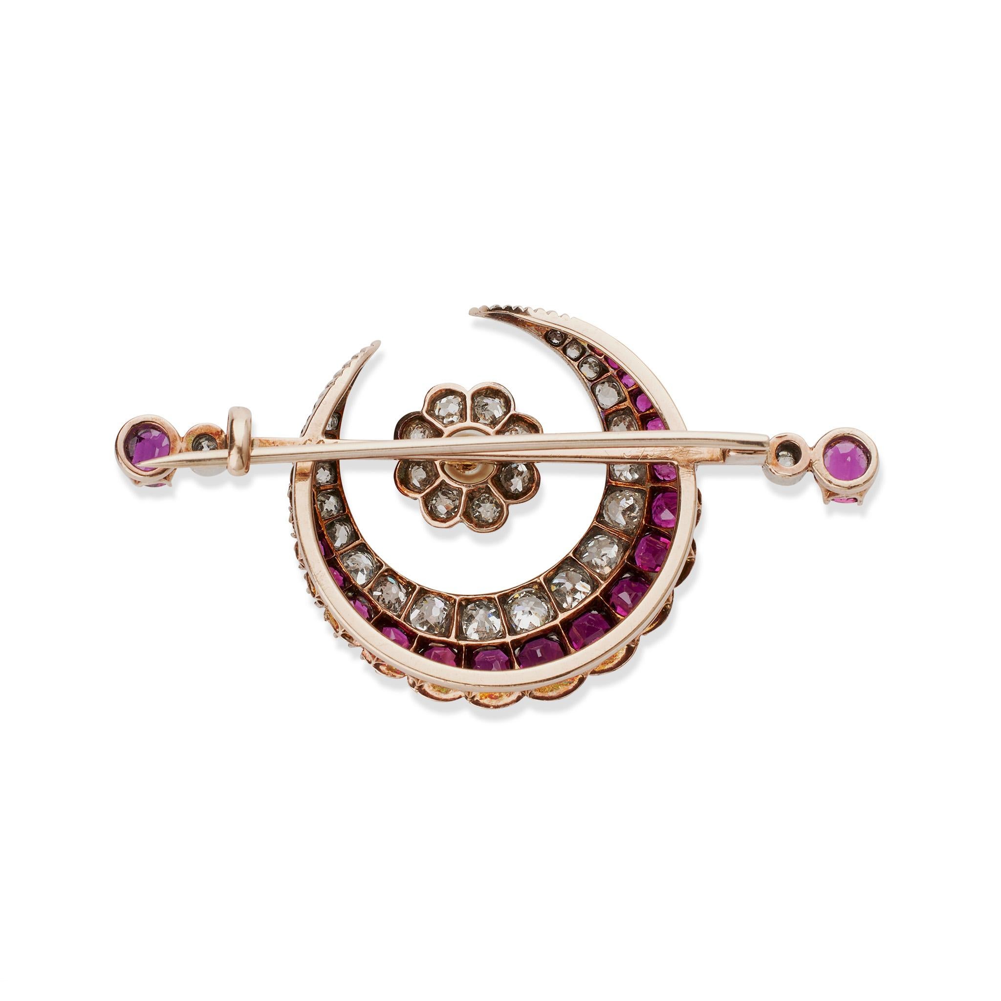 Victorian Carrington & Co. Antique Ruby, Diamond and Pearl Crescent Brooch For Sale