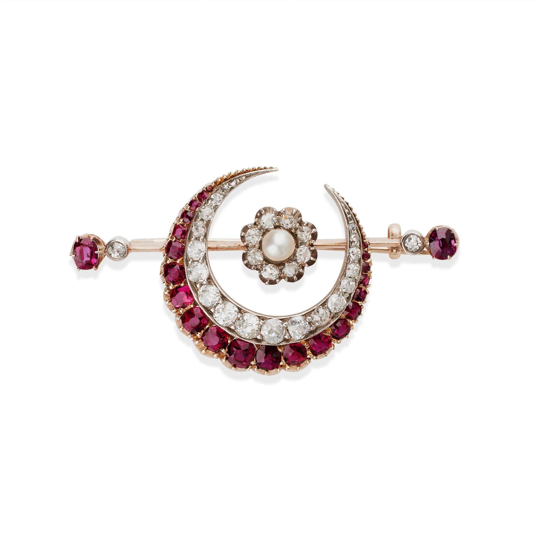 Old Mine Cut Carrington & Co. Antique Ruby, Diamond and Pearl Crescent Brooch For Sale