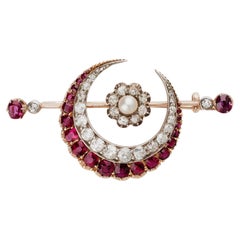 Carrington & Co. Antique Ruby, Diamond and Pearl Crescent Brooch