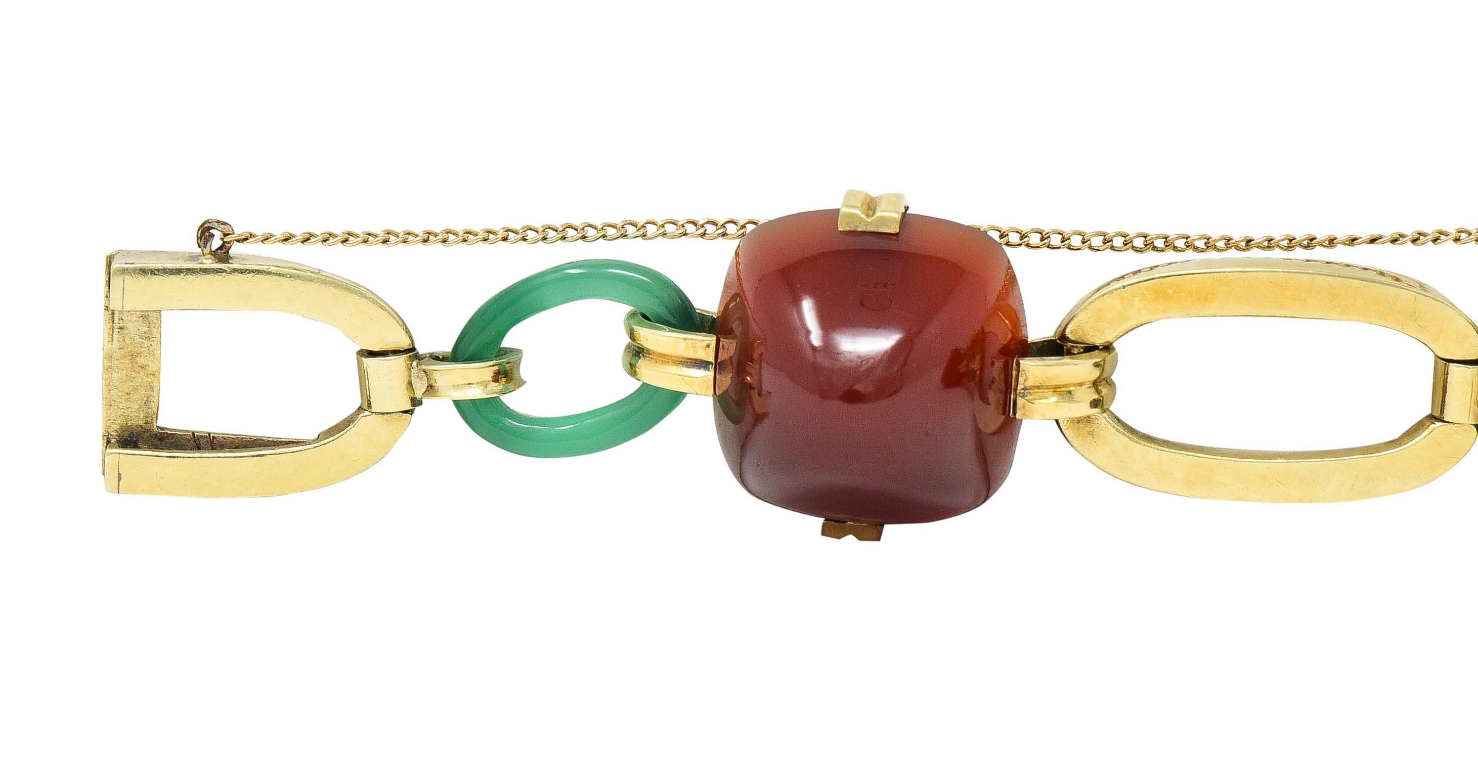 Carrington Co Art Deco Carnelian Chrysoprase 14 Karat Gold Antique Link Bracelet In Excellent Condition In Philadelphia, PA