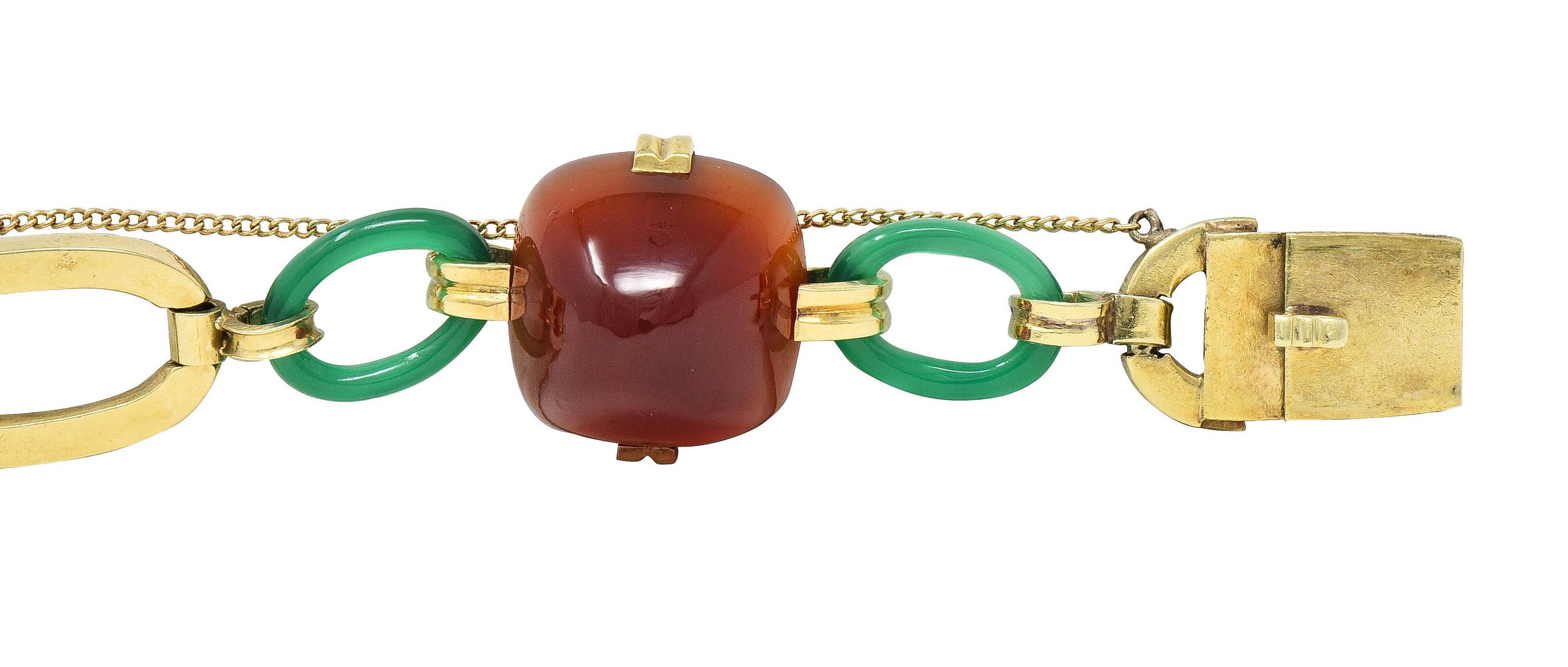 Carrington Co Art Deco Carnelian Chrysoprase 14 Karat Gold Antique Link Bracelet 1