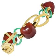 Carrington Co Art Deco Carnelian Chrysoprase 14 Karat Gold Antique Link Bracelet