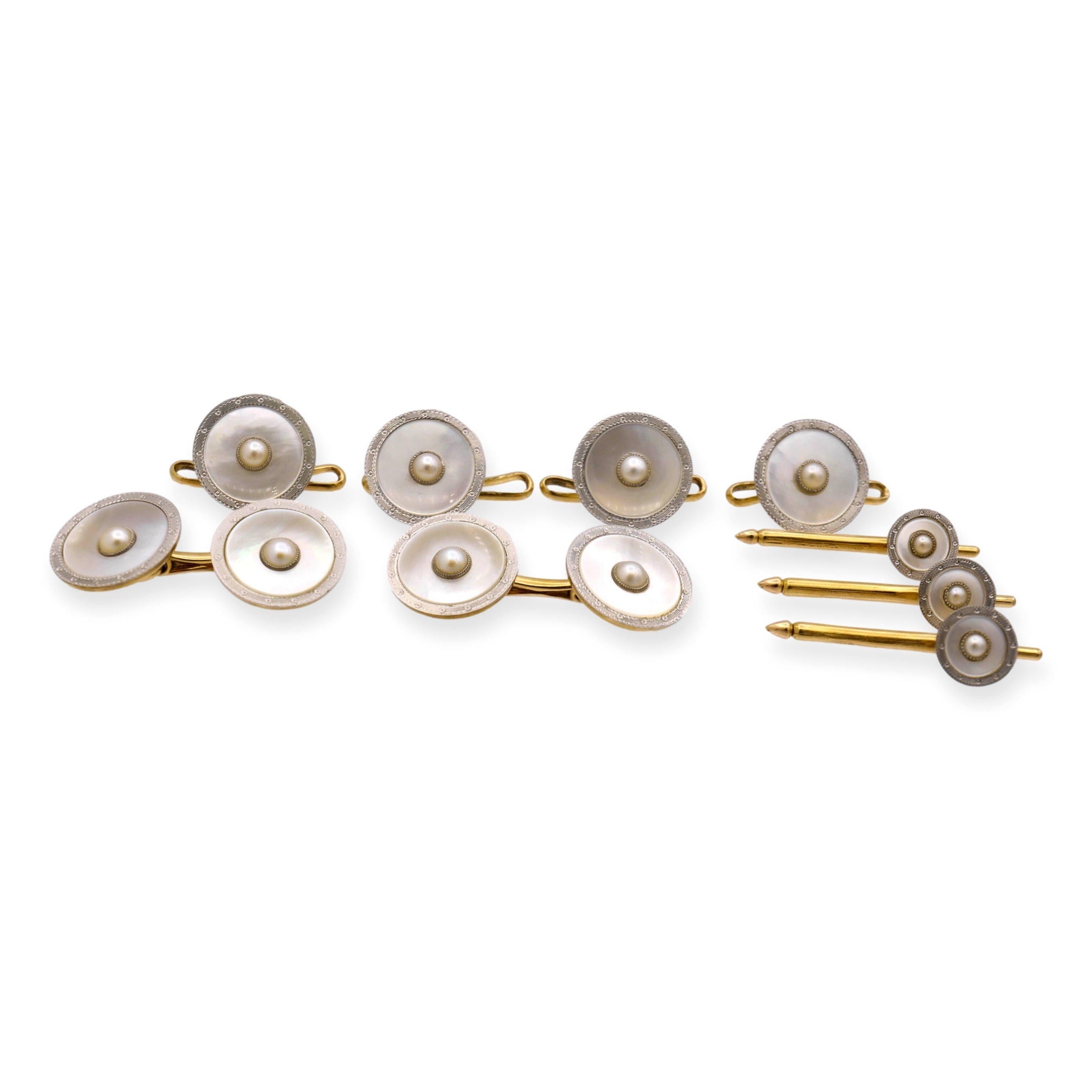 Set of dress cufflinks from the Art-Deco era , designed by the prestigious jewelry firm Carrington & Co in the early 20th century. The set features a combination of precious materials, including pearls crafted in high-quality platinum on top of 14