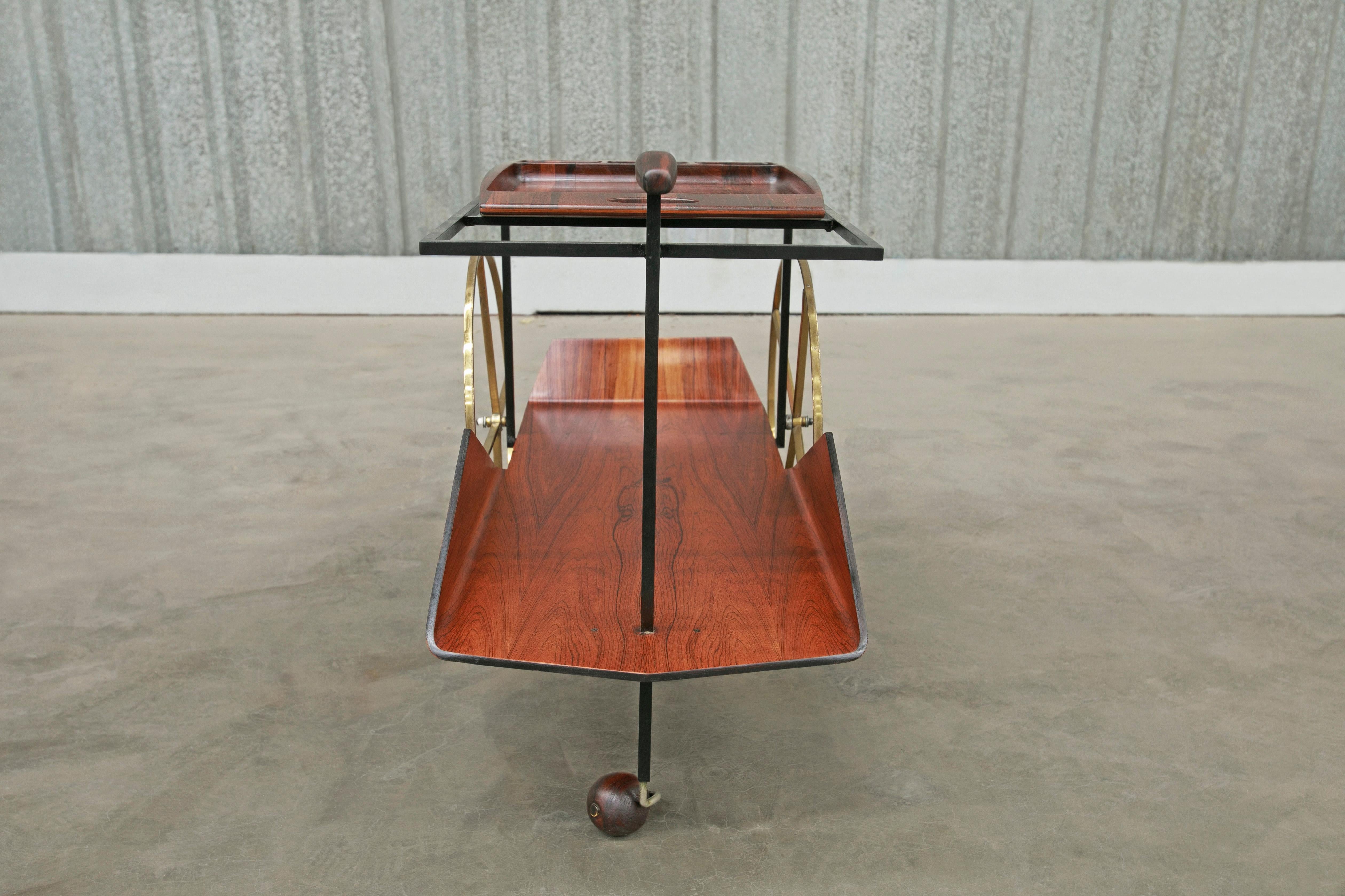 Brazilian “Carrinho de Cha” Bar Cart in Hardwood, Iron, & Brass by Jorge Zalszupin, 1950s For Sale