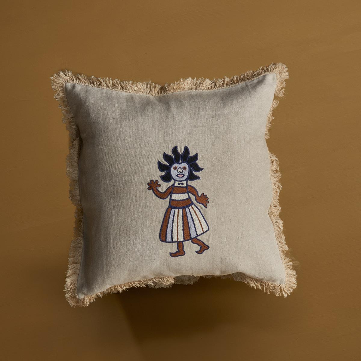 Meet Berre! Exclusive cushion cover crafted from fine beige linen with an imaginative character embroidered by hand. Also the fringe finishing is made by hand. Duck feather fillers can be ordered seperately. 
100% linen 
Size 50x50 cm.