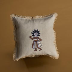 Carro, Handmade Beige Linen Cushion with Embroidered Puppet