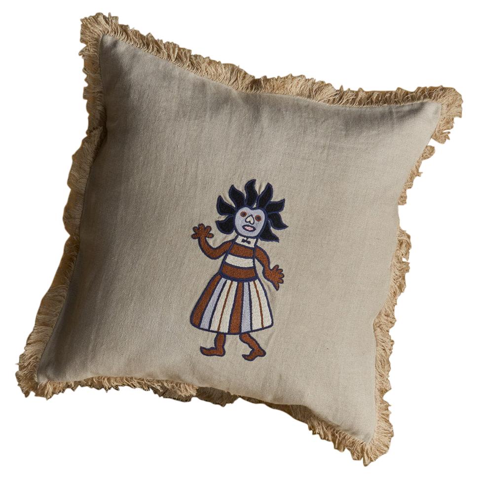 Carro, Handmade Beige Linen Cushion with Embroidered Puppet For Sale
