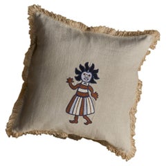 Carro, Handmade Beige Linen Cushion with Embroidered Puppet