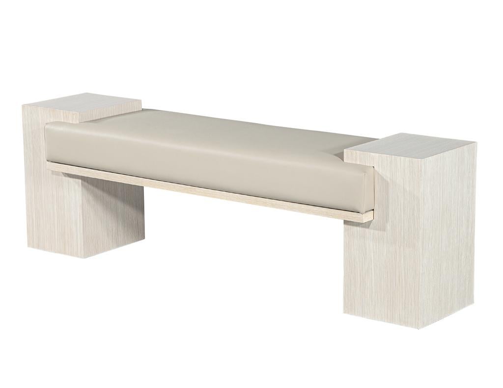 Canadian Carrocel Custom Modern Bench in Bleached Oak with Taupe Vinyl For Sale