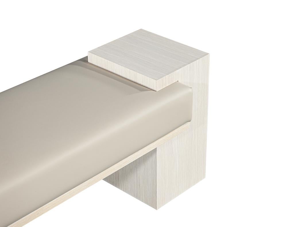 Faux Leather Carrocel Custom Modern Bench in Bleached Oak with Taupe Vinyl For Sale