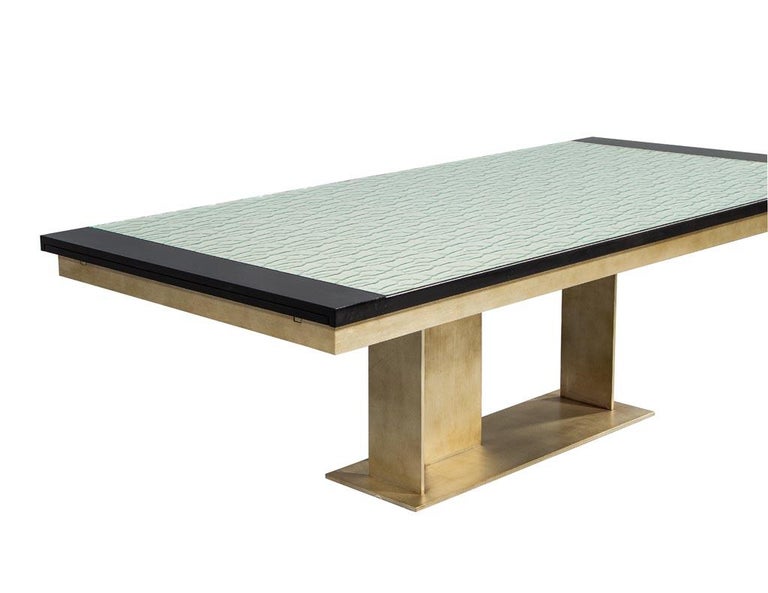 Contemporary Carrocel Custom Modern Glass Top Dining Table with Brass Base For Sale